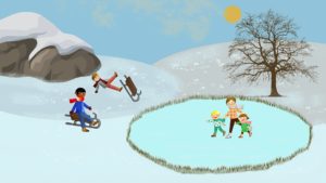This is an illustrated, cartoon-like drawing showing a family enjoying a winter day sledding and skating outdoors. The image shows two boys who are sledding on a hill that is nearby a pond. One boy has fallen off his sled and is lying in the snow, but not hurt. Pictured on the pond ice skating are a mother with a boy and girl. This image is shared to support our south shore roofing contractors' blog post about great places to ice skate and sled on Boston's South Shore. 