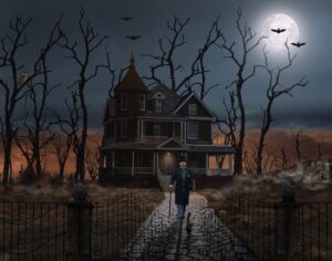 Image of a haunted house. The house is surrounded by lots of tall dead, dark, trees. There are two bats flying around the moon in the background, and the house itself is dark with an old porch and gables. There's a graveyard to the right of the house and vapors seem to be rising from it, representing spirits. A man all dressed up with top hat and tuxedo and black jacket is walking down the path to the house with a cat. Image shown in conjunction with our South Shore roofing company's blog post about not wanting your house to be the scariest one in the neighborhood.
